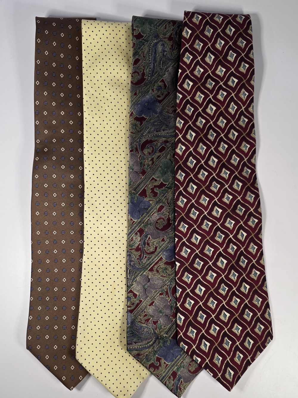 Men's 100% Silk Necktie Set Of 4- Brown, Cream, Multicolor, Burgundy